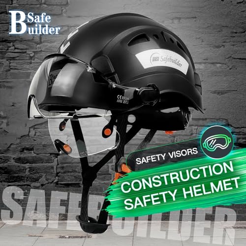 SAFEBUILDER Industrial Safety Helmet with Build-in Visor ABS Hard Hat with Visor Adjustable Ventilation OSHA Approved Hardhats Construction Head Protection (Black Helmet with Clear & Tinted Visor) - Image 2