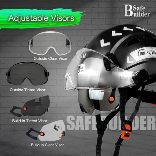 SAFEBUILDER Industrial Safety Helmet with Build-in Visor ABS Hard Hat with Visor Adjustable Ventilation OSHA Approved Hardhats Construction Head Protection (Black Helmet with Clear & Tinted Visor) - Image 5