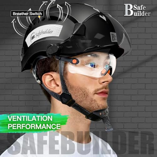SAFEBUILDER Industrial Safety Helmet with Build-in Visor ABS Hard Hat with Visor Adjustable Ventilation OSHA Approved Hardhats Construction Head Protection (Black Helmet with Clear & Tinted Visor) - Image 3