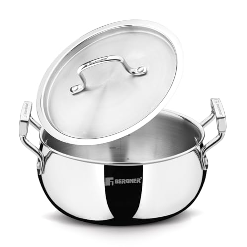Bergner TriPro Triply Stainless Steel 20cm (3.1L) Belly Shape Casserole/Biryani Handi with Stainless Steel Lid, Consumes Less Oil, Healthy Cooking, Even Heating - Induction and Gas Stove Ready - Image 1