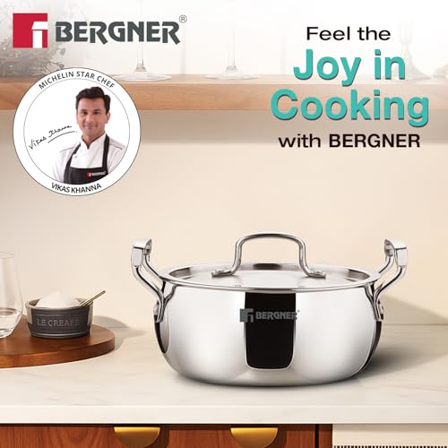Bergner TriPro Triply Stainless Steel 20cm (3.1L) Belly Shape Casserole/Biryani Handi with Stainless Steel Lid, Consumes Less Oil, Healthy Cooking, Even Heating - Induction and Gas Stove Ready - Image 2