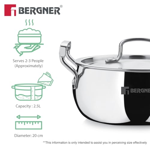 Bergner TriPro Triply Stainless Steel 20cm (3.1L) Belly Shape Casserole/Biryani Handi with Stainless Steel Lid, Consumes Less Oil, Healthy Cooking, Even Heating - Induction and Gas Stove Ready - Image 3