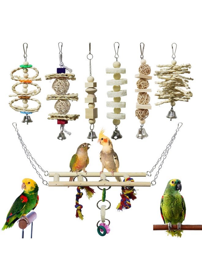 BWOGUE 7 Pack Bird Parrot Toys - Natural Wood Chewing, Climbing, Hanging & Hammock Toys for Small Parakeets, Cockatiels, Conures, Finches, Budgie, Parrots, Love Birds - Image 1
