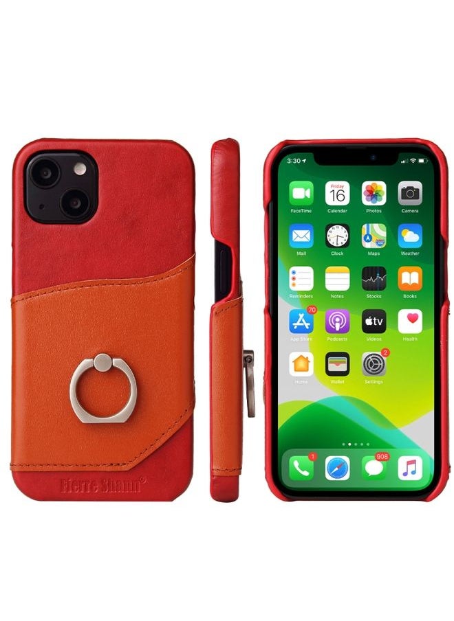 Generic - Case Cover For iPhone 13 mini Fierre Shann Oil Wax Texture Genuine Leather Back Cover Case with 360 Degree Rotation Holder & Card Slot  Red - Image 1