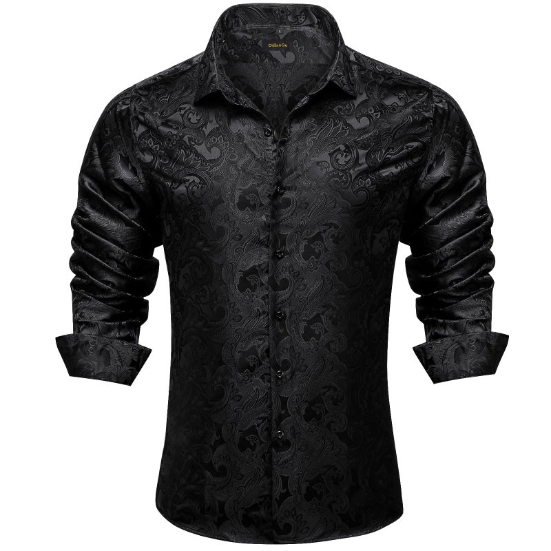 DiBanGu Mens Silk Black Paisley Dress Shirt Casual Formal Long Sleeve ButtonDown Shirts for Wedding Party Black M