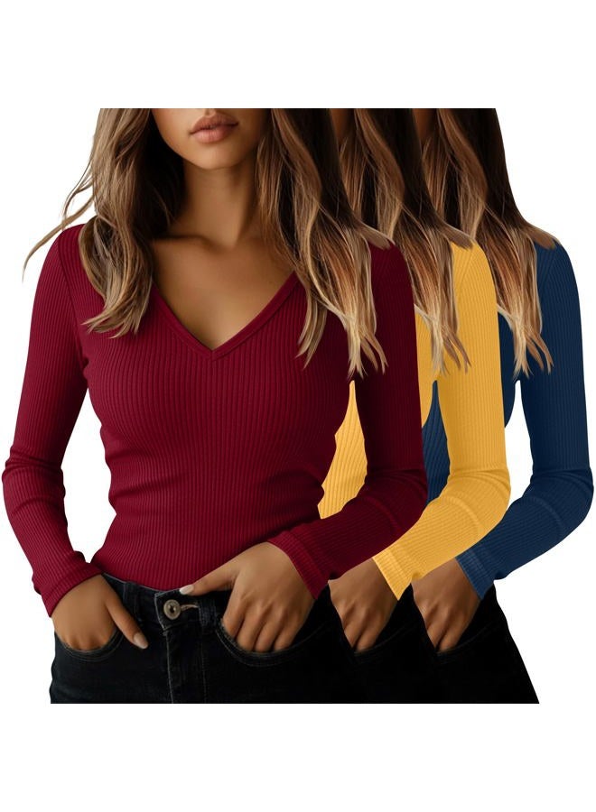 Ficerd 3 Pack Women's Long Sleeve T Shirts Cotton V Neck Slim Fit Tops Ribbed Knit Layering Casual Basic Tees 2025 Fall, Dark Blue, Mustard Yellow, Wine Red, S - Image 1