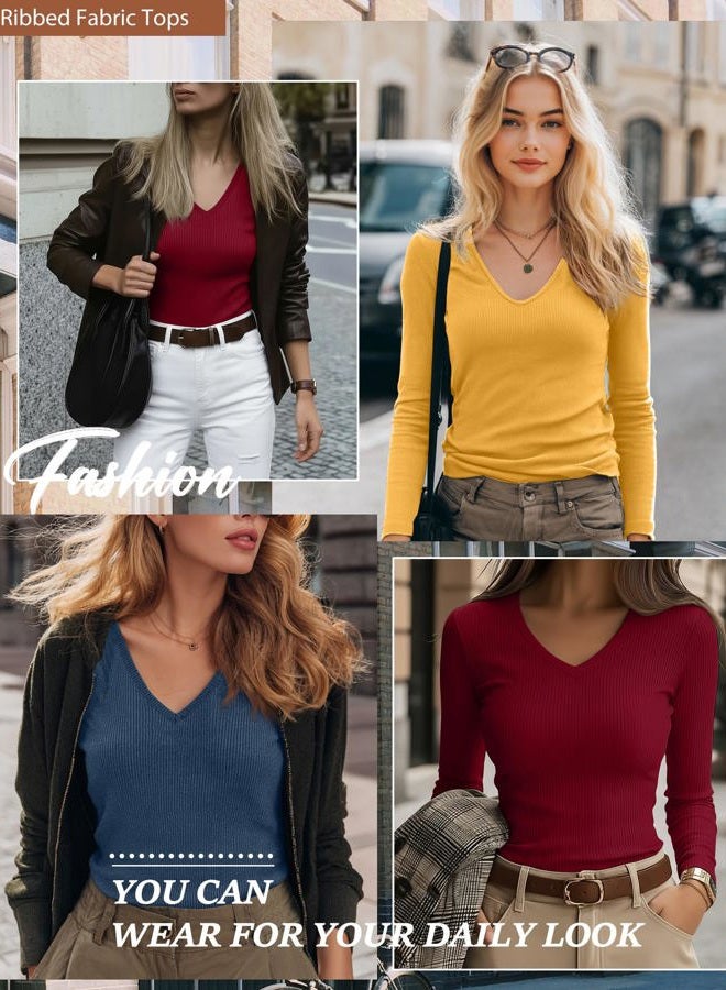 Ficerd 3 Pack Women's Long Sleeve T Shirts Cotton V Neck Slim Fit Tops Ribbed Knit Layering Casual Basic Tees 2025 Fall, Dark Blue, Mustard Yellow, Wine Red, S - Image 4
