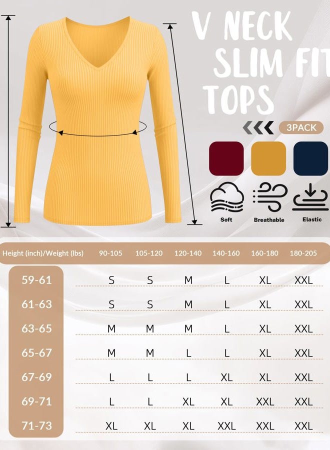 Ficerd 3 Pack Women's Long Sleeve T Shirts Cotton V Neck Slim Fit Tops Ribbed Knit Layering Casual Basic Tees 2025 Fall, Dark Blue, Mustard Yellow, Wine Red, S - Image 3