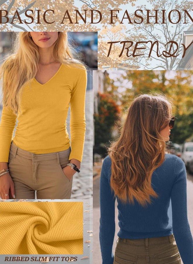 Ficerd 3 Pack Women's Long Sleeve T Shirts Cotton V Neck Slim Fit Tops Ribbed Knit Layering Casual Basic Tees 2025 Fall, Dark Blue, Mustard Yellow, Wine Red, S - Image 5