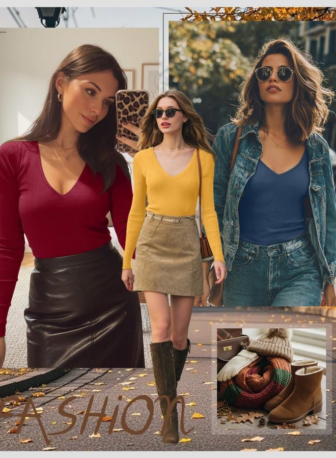 Ficerd 3 Pack Women's Long Sleeve T Shirts Cotton V Neck Slim Fit Tops Ribbed Knit Layering Casual Basic Tees 2025 Fall, Dark Blue, Mustard Yellow, Wine Red, S - Image 2
