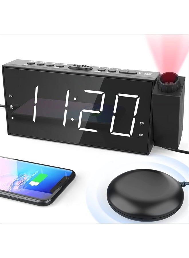 Mesqool Projection Digital Alarm Clock with Bed Shaker for Bedroom, Extra Loud Alarm Clock for Heavy Sleeper, 350° Rotable Ceiling Projector Clock,2 Alarm,5 Dimmer Volume,USB Charger, Battery Backup,12/24H… - Image 1