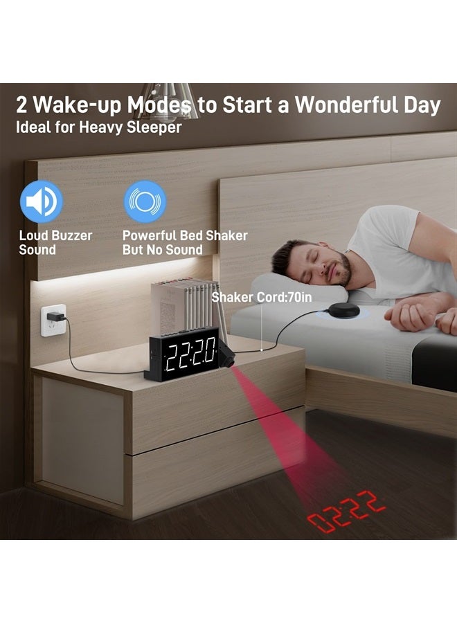 Mesqool Projection Digital Alarm Clock with Bed Shaker for Bedroom, Extra Loud Alarm Clock for Heavy Sleeper, 350° Rotable Ceiling Projector Clock,2 Alarm,5 Dimmer Volume,USB Charger, Battery Backup,12/24H… - Image 4