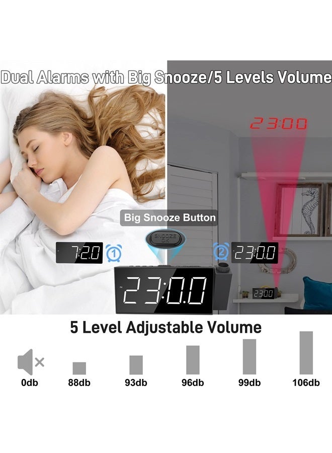 Mesqool Projection Digital Alarm Clock with Bed Shaker for Bedroom, Extra Loud Alarm Clock for Heavy Sleeper, 350° Rotable Ceiling Projector Clock,2 Alarm,5 Dimmer Volume,USB Charger, Battery Backup,12/24H… - Image 5
