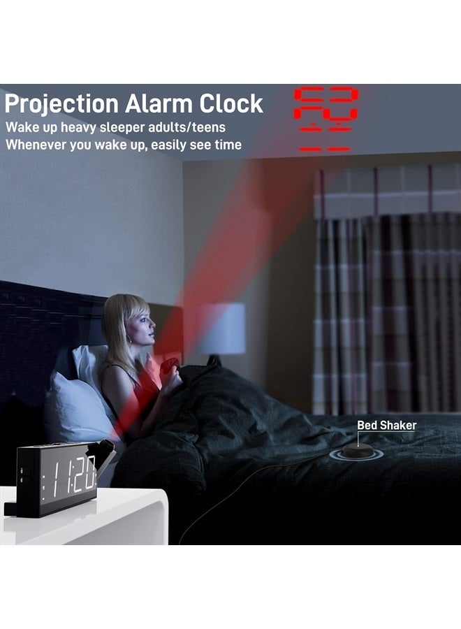 Mesqool Projection Digital Alarm Clock with Bed Shaker for Bedroom, Extra Loud Alarm Clock for Heavy Sleeper, 350° Rotable Ceiling Projector Clock,2 Alarm,5 Dimmer Volume,USB Charger, Battery Backup,12/24H… - Image 2