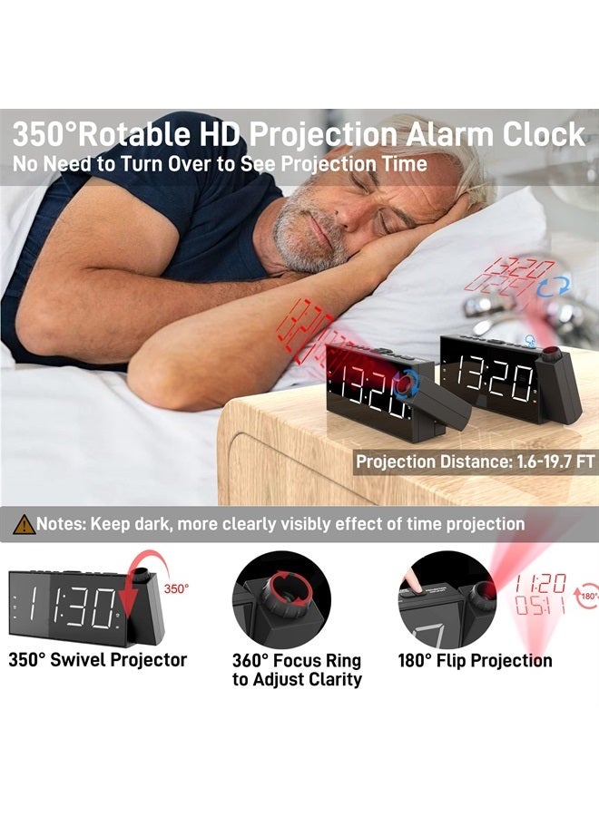 Mesqool Projection Digital Alarm Clock with Bed Shaker for Bedroom, Extra Loud Alarm Clock for Heavy Sleeper, 350° Rotable Ceiling Projector Clock,2 Alarm,5 Dimmer Volume,USB Charger, Battery Backup,12/24H… - Image 3