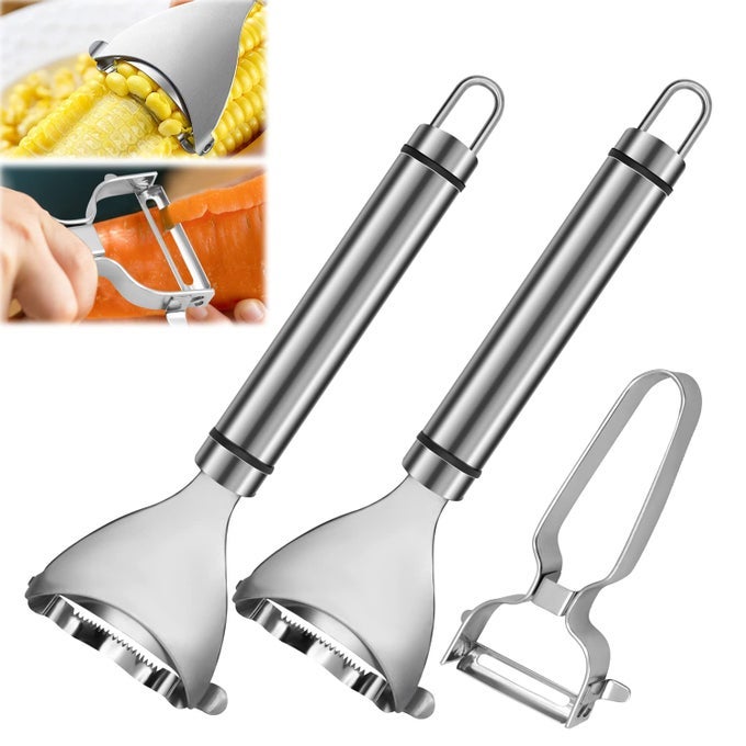 STAINLESS STEEL CORN PEELER MAGIC CORN COB STRIPPER TOOLPREMIUM STAINLESS STEEL CORN THRESHER WITH ERGONOMIC HANDLECORN COB REMOVER 2X CORN PEELER 1 X VEGETABLE PEELER