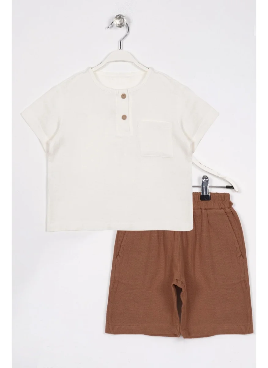 Zepkids Buttoned Collar Pocket Detailed Ecru Brown Color Boy Shorts Set