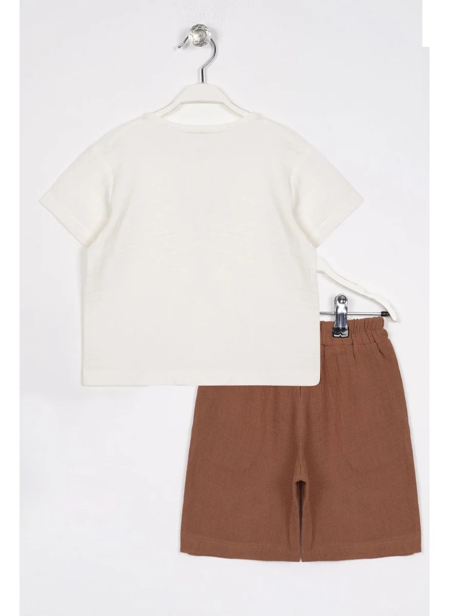 Zepkids Buttoned Collar Pocket Detailed Ecru Brown Color Boy Shorts Set