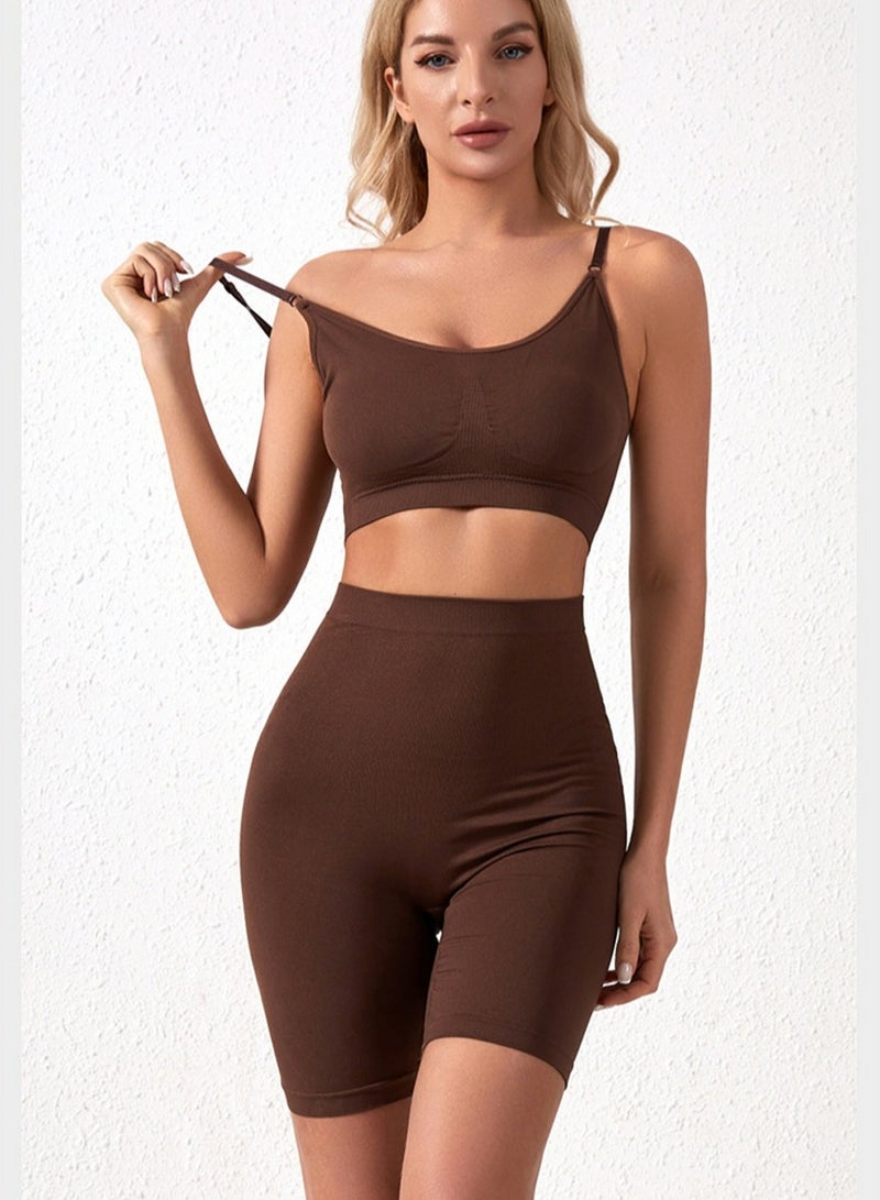 Loquat Women's Fitness Set 2-piece Seamless Wireless Bra+High Waisted Legging Shorts Yoga Suit Brown - Image 1