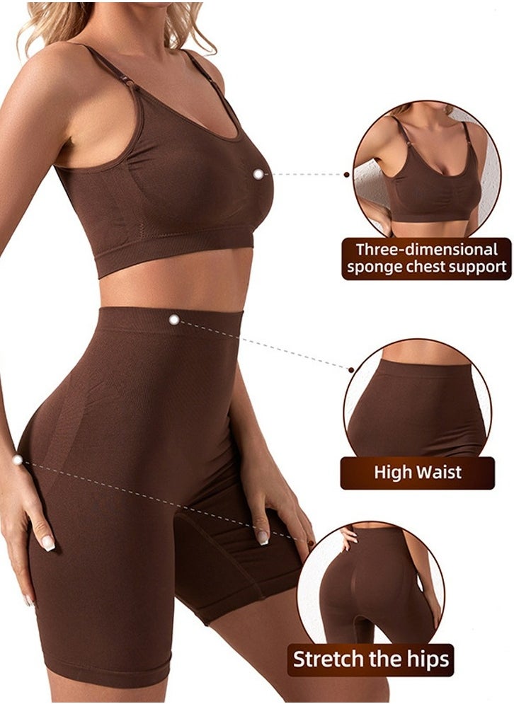 Women's Fitness Set 2-piece Seamless Wireless Bra+High Waisted Legging Shorts Yoga Suit Brown - pzsku/ZEC209C1597303301019AZ/45/_/1702013100/347344b6-0e7a-4dea-a0f7-b3e506fbf99d