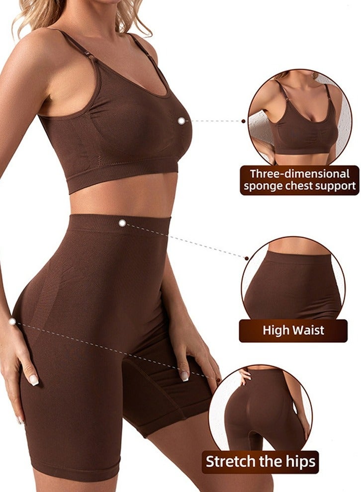 Loquat Women's Fitness Set 2-piece Seamless Wireless Bra+High Waisted Legging Shorts Yoga Suit Brown - Image 2