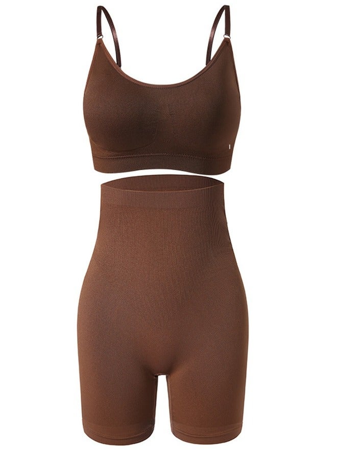 Loquat Women's Fitness Set 2-piece Seamless Wireless Bra+High Waisted Legging Shorts Yoga Suit Brown - Image 3