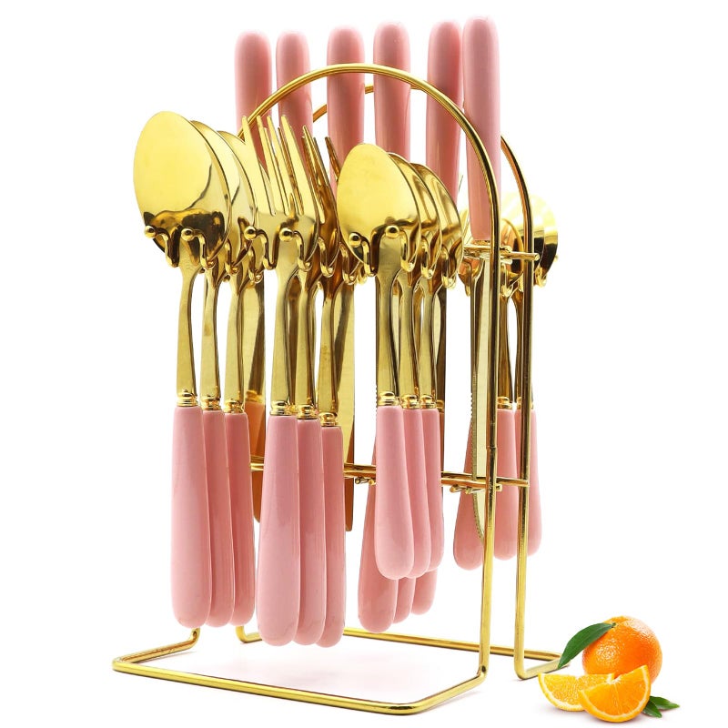 Caliamary Gold Silverware Set 24 Pieces Flatware Set with Silverware Holder Stainless Steel Knives Forks Spoons Cutlery Set Service for 6 Kitchen Utensil Tableware Set with Pink Handle