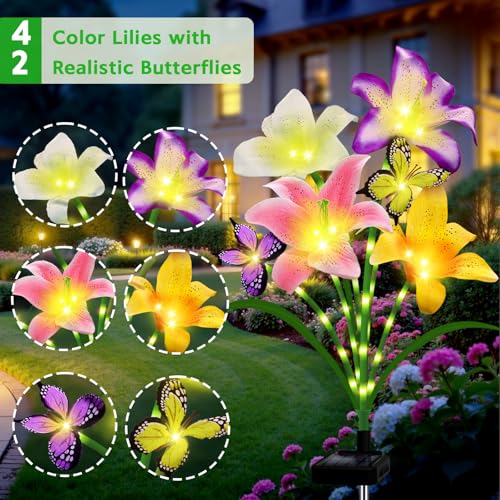 ANGMLN Solar Garden Lights 4 Pack 16 Lily Flowers with Butterfly Decor Gifts for Mom Woman Mothers Day Birthday Solar Flower Lights for Outside Decorative Lilies for Yard Patio Pathway - Image 3