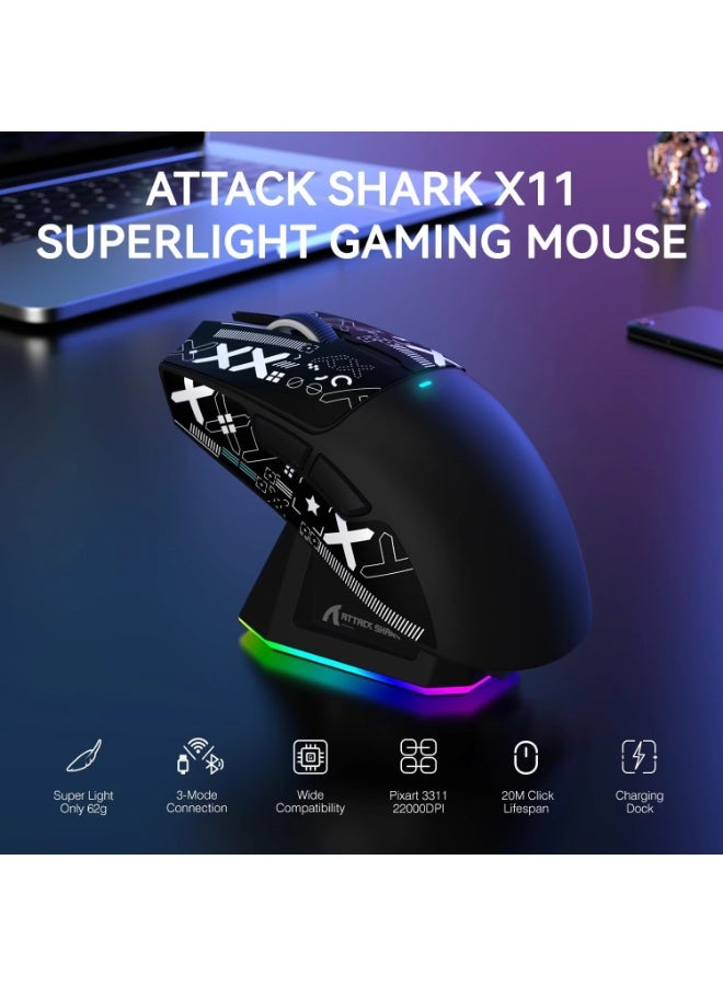 Attack Shark X11 Lightweight Tri-Mode Wireless 2.4G/USB-C Wired/BT Gaming Mouse with RGB Charging Dock ,22K DPI,PAW3311 Optical Sensor - Image 3
