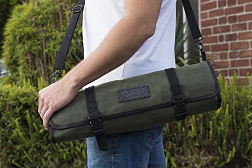 Asaya Canvas Chef Knife Roll Bag - 10 Knife Slots and a Large Zipper Pocket - Durable 10oz Canvas Knife Case with an Adjustable Shoulder Strap - Knives not Included (Forest Green) - Image 3
