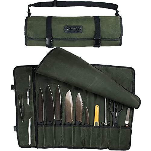 Asaya Canvas Chef Knife Roll Bag - 10 Knife Slots and a Large Zipper Pocket - Durable 10oz Canvas Knife Case with an Adjustable Shoulder Strap - Knives not Included (Forest Green) - Image 1