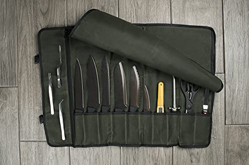 Asaya Canvas Chef Knife Roll Bag - 10 Knife Slots and a Large Zipper Pocket - Durable 10oz Canvas Knife Case with an Adjustable Shoulder Strap - Knives not Included (Forest Green) - Image 2