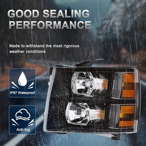 KUIPERAUTO Headlight Assembly Compatible with 2007-2013 Chevy Chevrolet Silverado 1500 2500HD 3500HD Front Lamp with Bulb Black Housing/Clear Lens/Amber Corner - Image 2