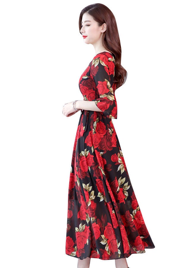 NIBEMINENT Floral A-Line Bohemian Dress Black/Red  - Image 4