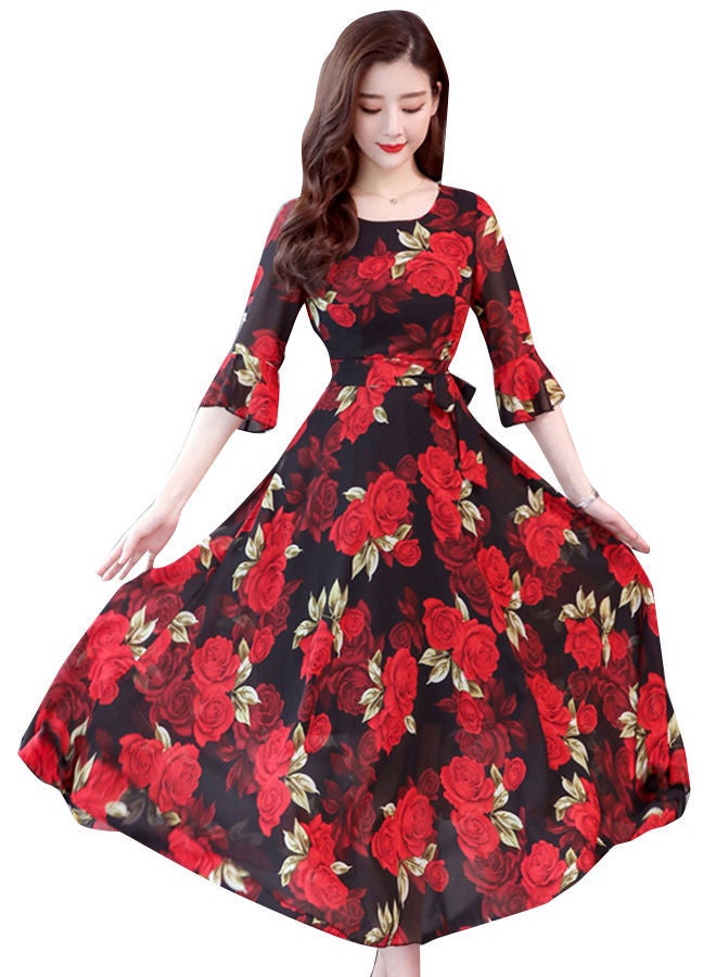 NIBEMINENT Floral A-Line Bohemian Dress Black/Red  - Image 5