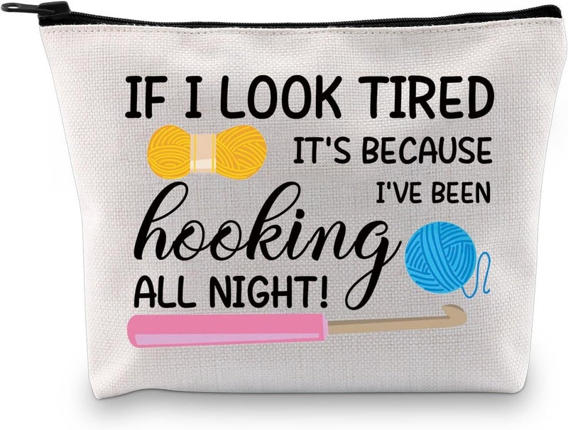 XYANFA Crochet Gifts Crochet Lovers Cosmetic Bag I'VE BEEN hooking ALL NIGHT Crochet Beginners Knitting Lovers Makeup Bag Pouch (if i look tired)