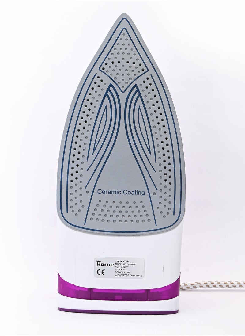 Steam iron 2200 Watt Water Tank Capacity: 350 ml. Dry ironing function. Steam function – spraying. Self-cleaning function. Soft grip handle. Strong steam – vertical steam function. Adjustable temperature control. Variable steam control. Flexible wire protector rotates 360°. Overheating protection. Indicator light. Ceramic base.