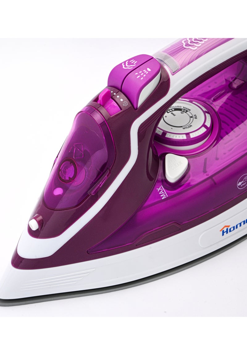 Steam iron 2200 Watt Water Tank Capacity: 350 ml. Dry ironing function. Steam function – spraying. Self-cleaning function. Soft grip handle. Strong steam – vertical steam function. Adjustable temperature control. Variable steam control. Flexible wire protector rotates 360°. Overheating protection. Indicator light. Ceramic base.