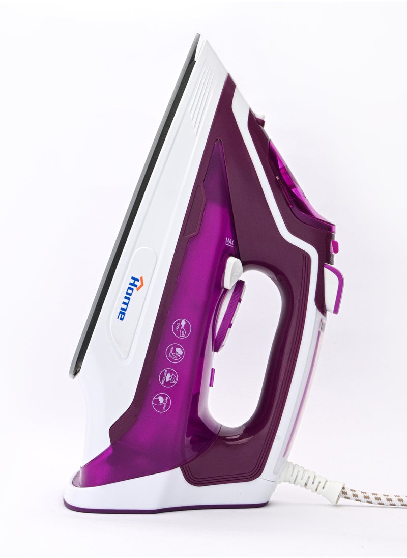 Steam iron 2200 Watt Water Tank Capacity: 350 ml. Dry ironing function. Steam function – spraying. Self-cleaning function. Soft grip handle. Strong steam – vertical steam function. Adjustable temperature control. Variable steam control. Flexible wire protector rotates 360°. Overheating protection. Indicator light. Ceramic base.