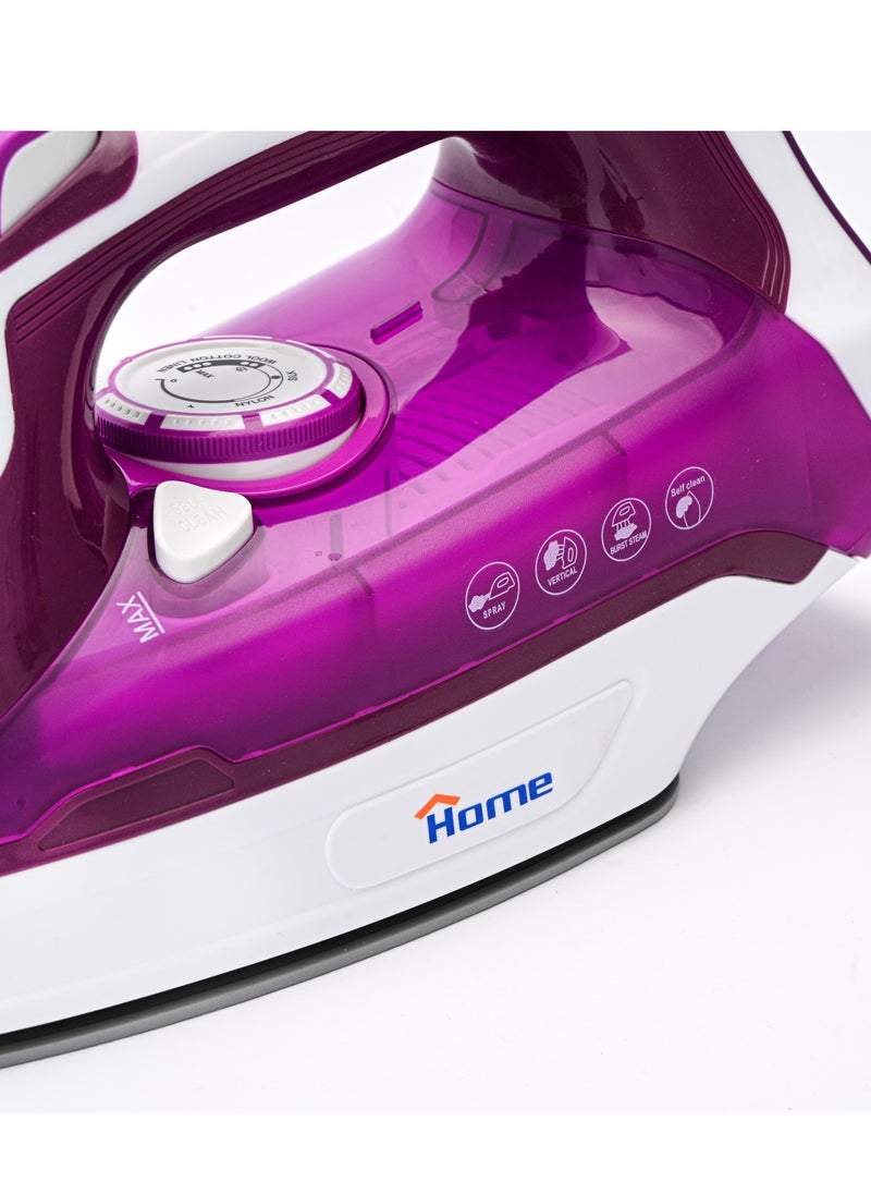 Steam iron 2200 Watt Water Tank Capacity: 350 ml. Dry ironing function. Steam function – spraying. Self-cleaning function. Soft grip handle. Strong steam – vertical steam function. Adjustable temperature control. Variable steam control. Flexible wire protector rotates 360°. Overheating protection. Indicator light. Ceramic base.