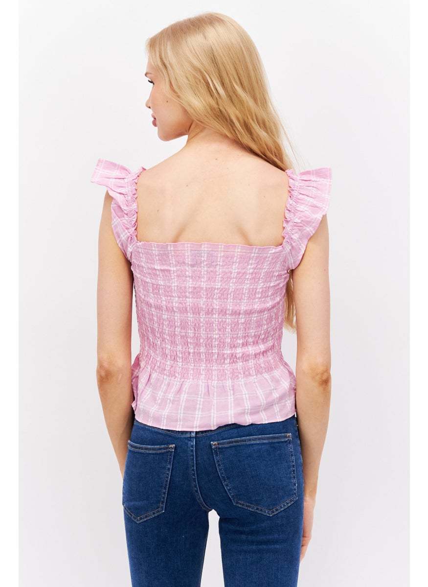 MONKI Women Square Neck Short Sleeves Checkered Blouse, Light Pink  - Image 2