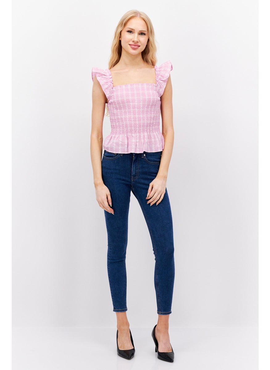 MONKI Women Square Neck Short Sleeves Checkered Blouse, Light Pink  - Image 4