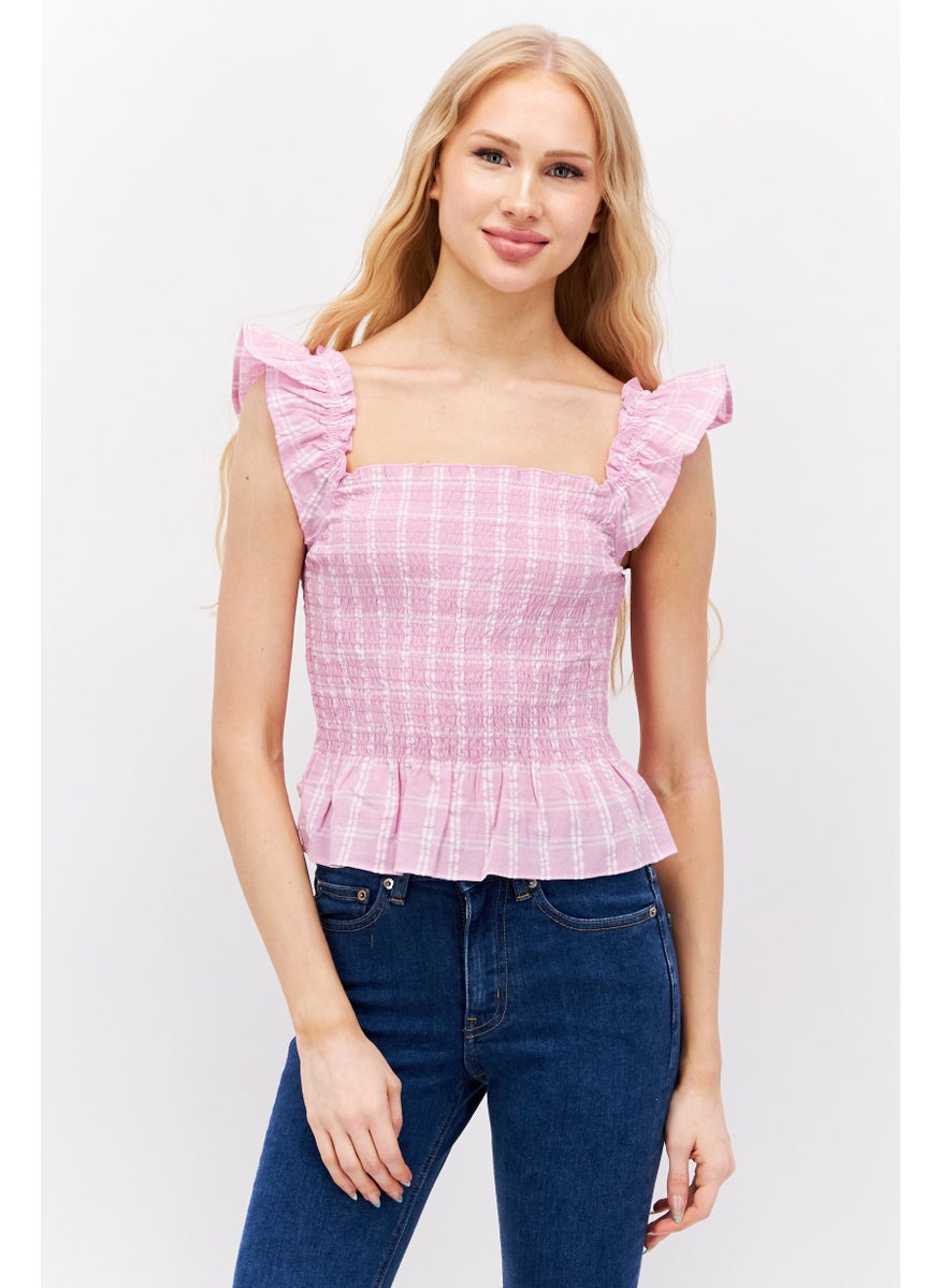 MONKI Women Square Neck Short Sleeves Checkered Blouse, Light Pink  - Image 1