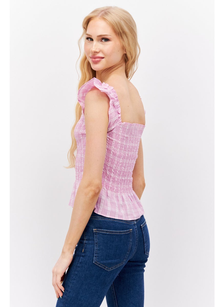 MONKI Women Square Neck Short Sleeves Checkered Blouse, Light Pink  - Image 3