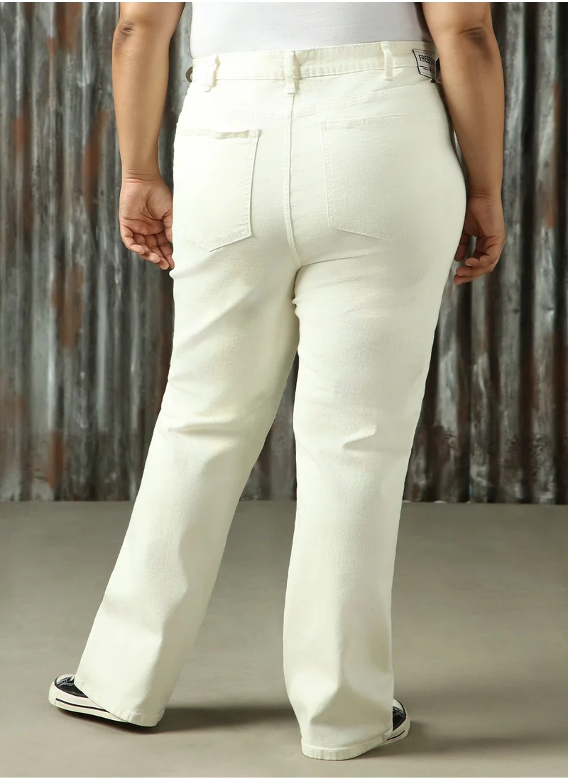 هاي ستار Women's Beige 100% Cotton Distressed Plus Size Jeans