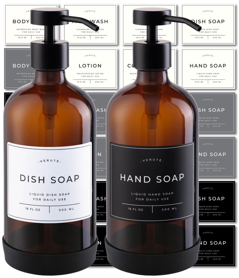 Verute 16oz Glass Soap Dispenser with Stainless Steel Pump, 21 Waterproof Labels, Non-Slip Protective Silicone Pad, Set of 2 for Bathroom & Kitchen (Amber Bottle/Black Pump) - Image 1