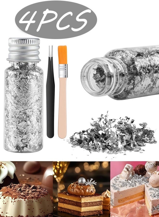 4 Pcs Edible Silver Leaf Sheets with Brush and Tweezers Food Grade Silver Foil Flakes DIY Decor for Cake Dessert Chocolate Baking Cooking Crafts Makeup Decoration - Image 1