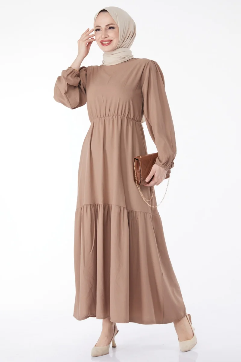 Tofisa Plain Crew Neck Women's Mink Waist Lace-Up Dress - 13144