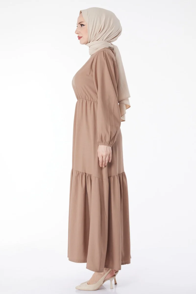 Tofisa Plain Crew Neck Women's Mink Waist Lace-Up Dress - 13144