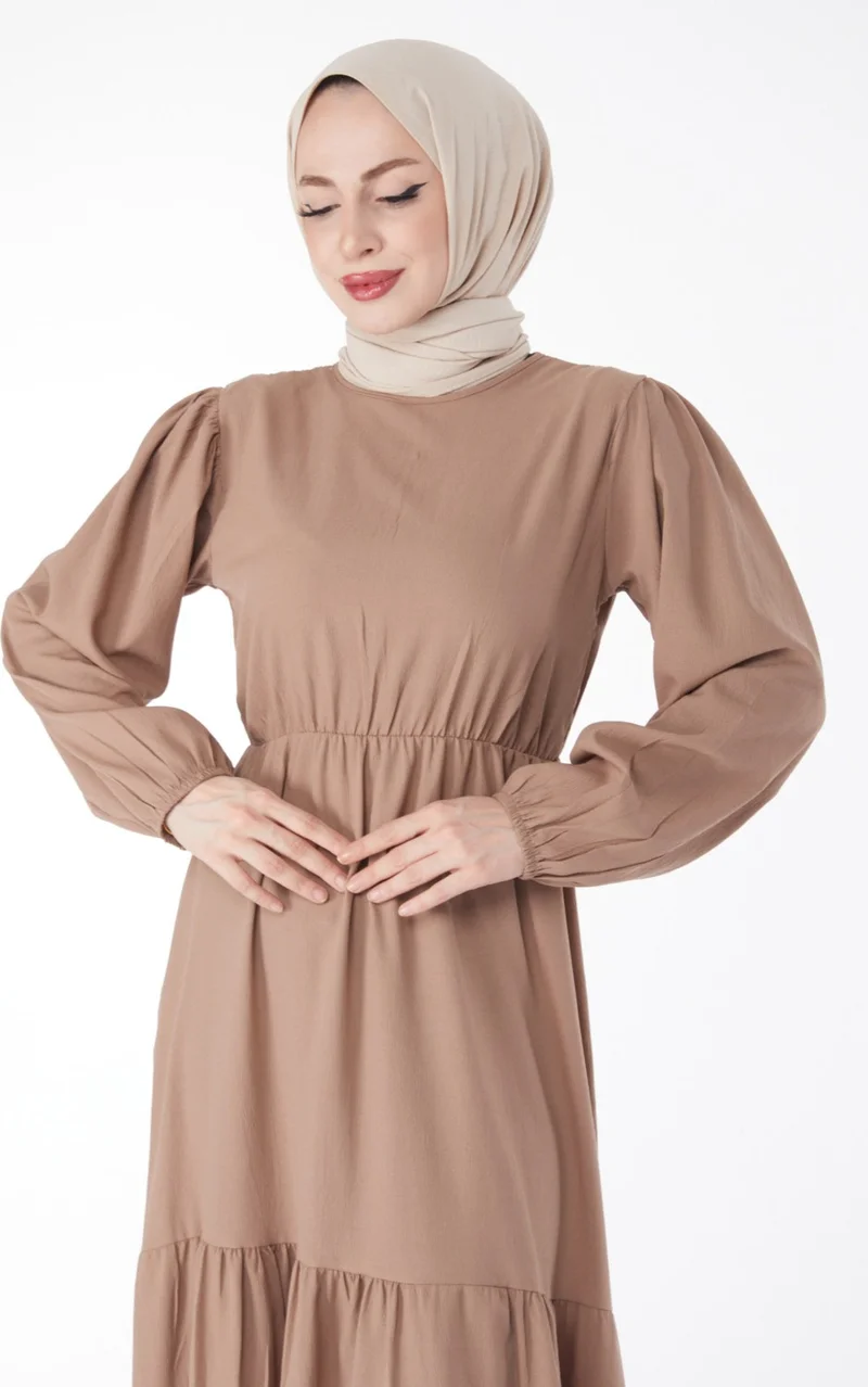Tofisa Plain Crew Neck Women's Mink Waist Lace-Up Dress - 13144